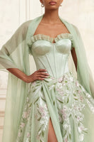 Load image into Gallery viewer, Corset Ruffled Floral Dusty Sage A Line Long Prom Dress with Shawl