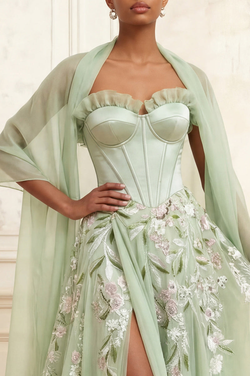Load image into Gallery viewer, Corset Ruffled Floral Dusty Sage A Line Long Prom Dress with Shawl
