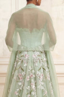 Load image into Gallery viewer, Corset Ruffled Floral Dusty Sage A Line Long Prom Dress with Shawl