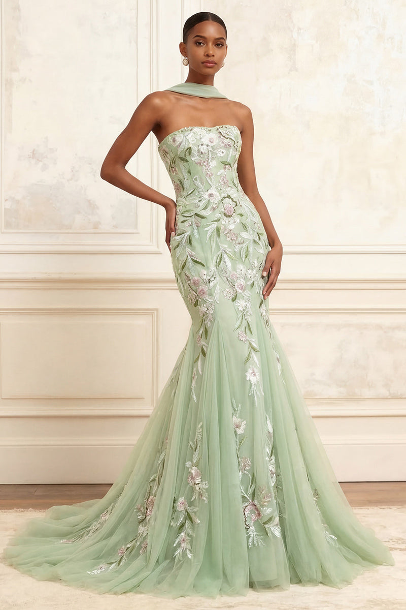 Load image into Gallery viewer, Mermaid Strapless Dusty Sage Floral Neck Scarf Long Prom Dress