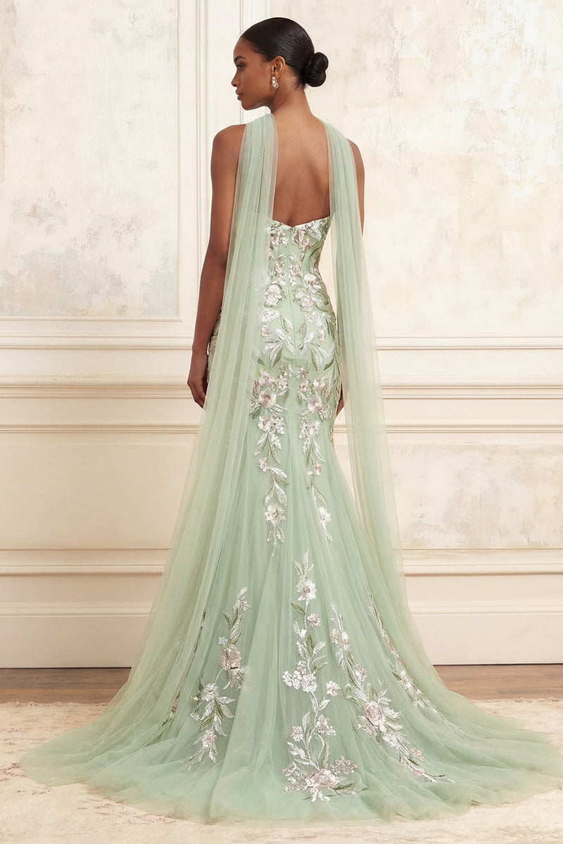 Load image into Gallery viewer, Mermaid Strapless Dusty Sage Floral Neck Scarf Long Prom Dress