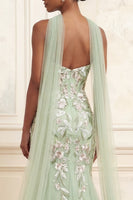 Load image into Gallery viewer, Mermaid Strapless Dusty Sage Floral Neck Scarf Long Prom Dress