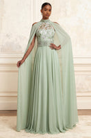 Load image into Gallery viewer, Floral Dusty Sage High Neck Beaded Long A Line Prom Dress with Cape