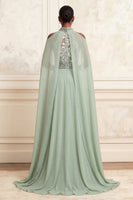 Load image into Gallery viewer, Floral Dusty Sage High Neck Beaded Long A Line Prom Dress with Cape