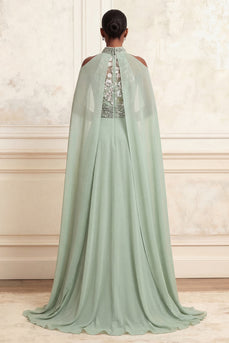 Floral Dusty Sage High Neck Beaded Long A Line Prom Dress with Cape