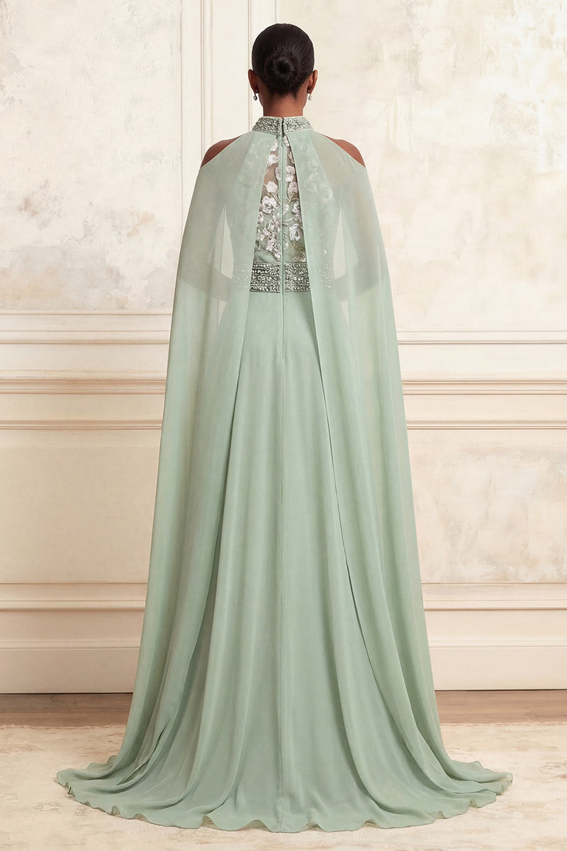 Load image into Gallery viewer, Floral Dusty Sage High Neck Beaded Long A Line Prom Dress with Cape