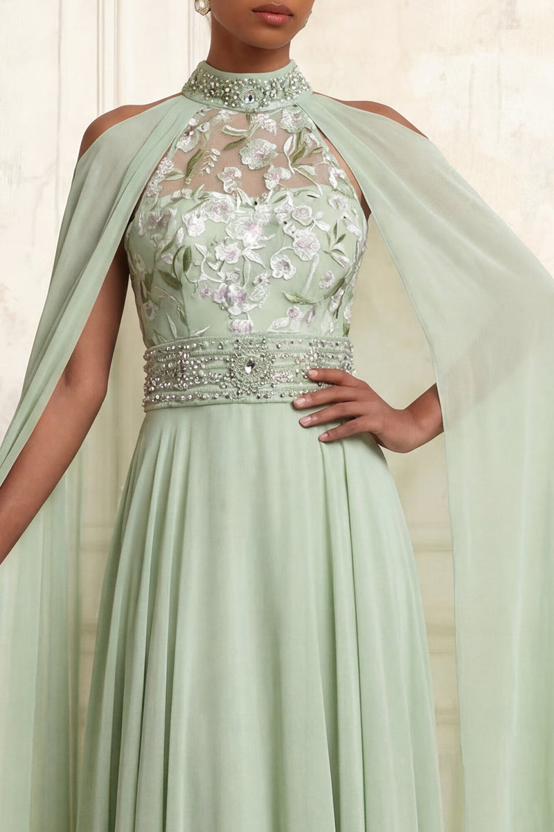 Load image into Gallery viewer, Floral Dusty Sage High Neck Beaded Long A Line Prom Dress with Cape