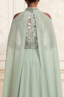 Load image into Gallery viewer, Floral Dusty Sage High Neck Beaded Long A Line Prom Dress with Cape