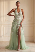 Load image into Gallery viewer, Halter Long A Line Dusty Sage Floral Prom Dress with Slit