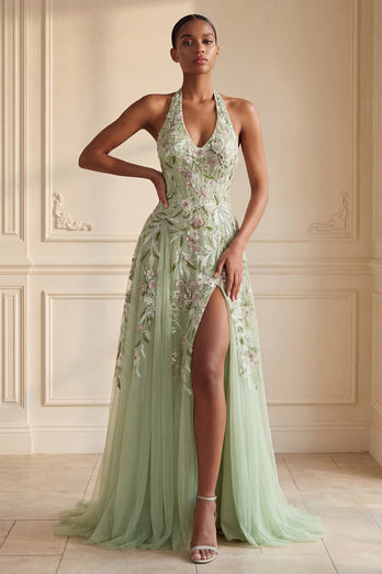 Queendancer Women Floral Dusty Sage Long Prom Dress with Slit Halter A Line  Backless Pageant Dress – queendanceruk