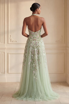 Halter Long A Line Dusty Sage Floral Prom Dress with Slit