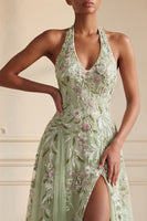 Load image into Gallery viewer, Halter Long A Line Dusty Sage Floral Prom Dress with Slit