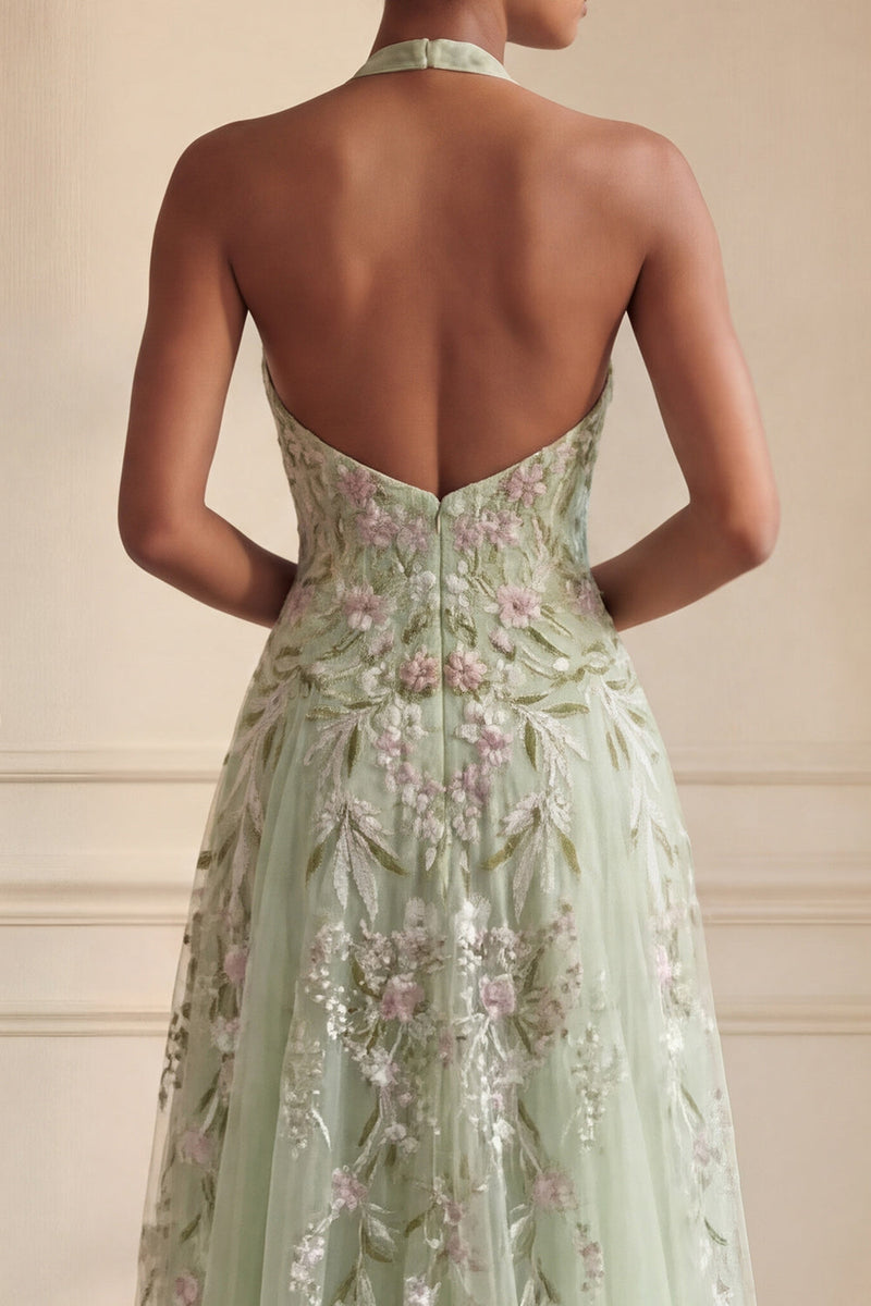 Load image into Gallery viewer, Halter Long A Line Dusty Sage Floral Prom Dress with Slit