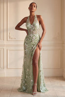Load image into Gallery viewer, Floral Sheath Corset Long Halter Ruched Dusty Sage Prom Dress with Slit