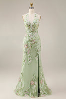 Load image into Gallery viewer, Floral Sheath Corset Long Halter Ruched Dusty Sage Prom Dress with Slit