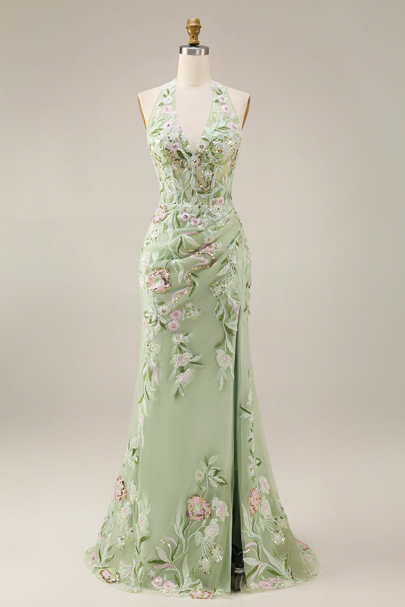 Load image into Gallery viewer, Floral Sheath Corset Long Halter Ruched Dusty Sage Prom Dress with Slit