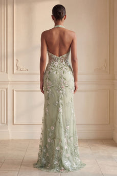 Floral Sheath Corset Long Halter Ruched Dusty Sage Prom Dress with Slit