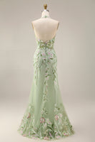 Load image into Gallery viewer, Floral Sheath Corset Long Halter Ruched Dusty Sage Prom Dress with Slit