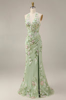 Load image into Gallery viewer, Floral Sheath Corset Long Halter Ruched Dusty Sage Prom Dress with Slit