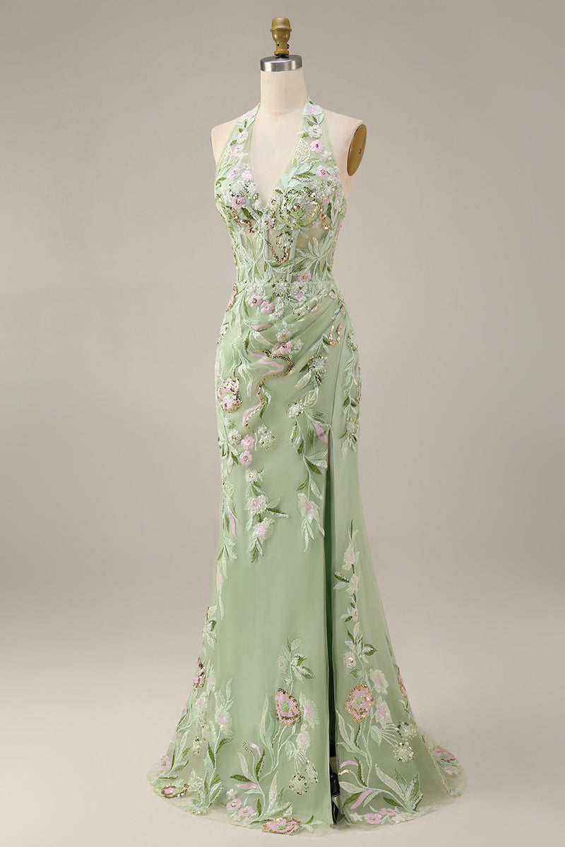 Load image into Gallery viewer, Floral Sheath Corset Long Halter Ruched Dusty Sage Prom Dress with Slit
