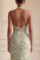 Load image into Gallery viewer, Floral Sheath Corset Long Halter Ruched Dusty Sage Prom Dress with Slit