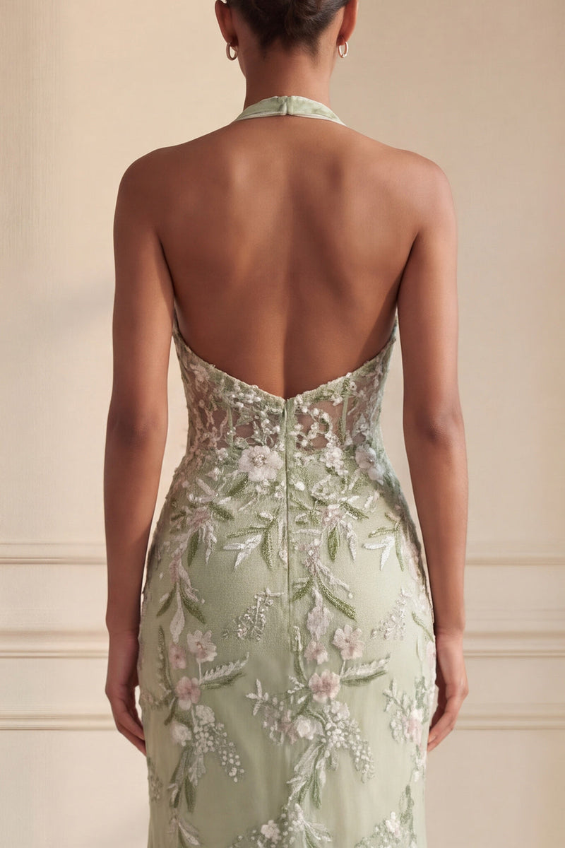 Load image into Gallery viewer, Floral Sheath Corset Long Halter Ruched Dusty Sage Prom Dress with Slit