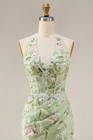 Load image into Gallery viewer, Floral Sheath Corset Long Halter Ruched Dusty Sage Prom Dress with Slit