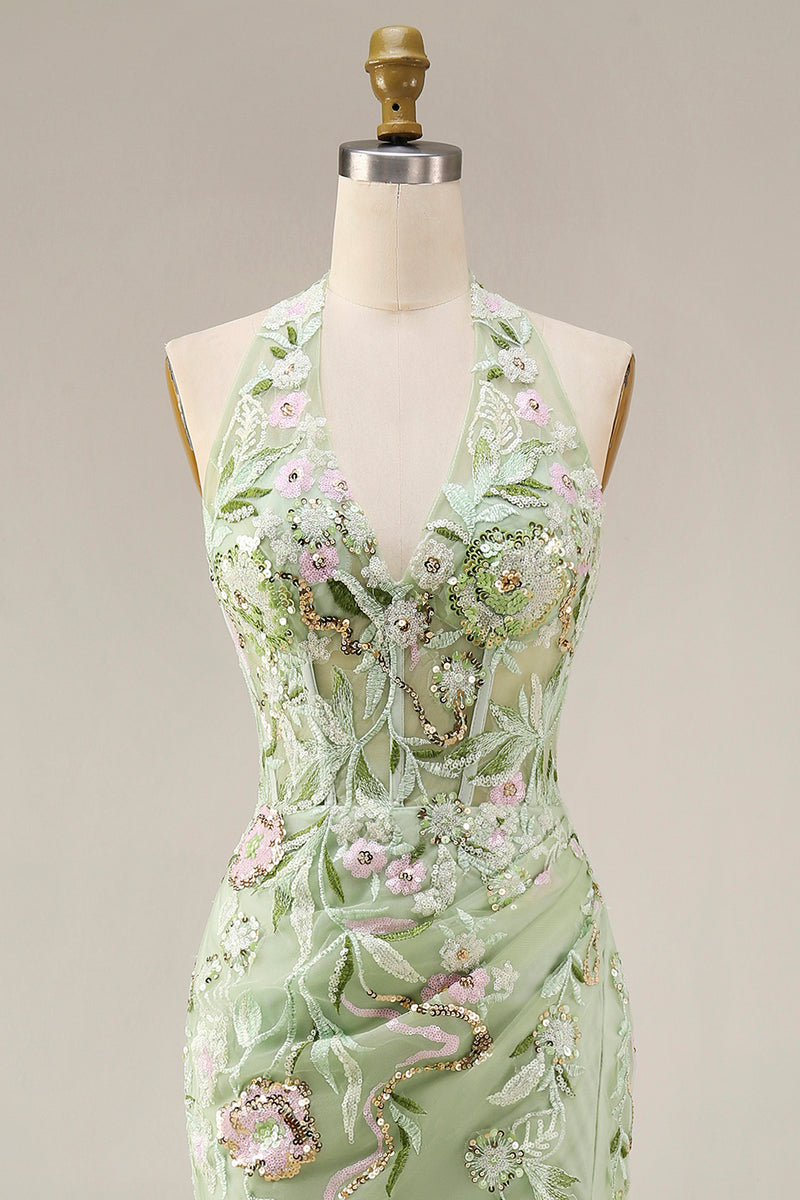 Load image into Gallery viewer, Floral Sheath Corset Long Halter Ruched Dusty Sage Prom Dress with Slit