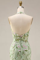 Load image into Gallery viewer, Floral Sheath Corset Long Halter Ruched Dusty Sage Prom Dress with Slit