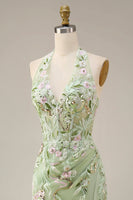 Load image into Gallery viewer, Floral Sheath Corset Long Halter Ruched Dusty Sage Prom Dress with Slit