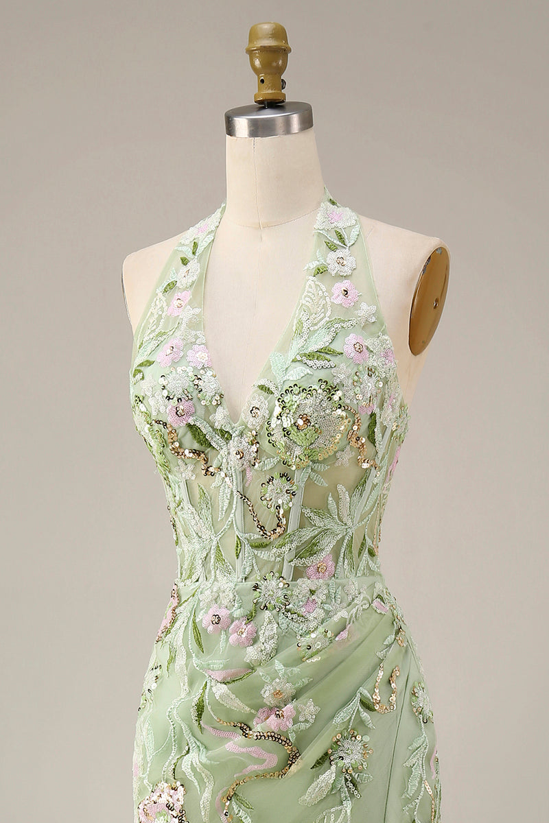 Load image into Gallery viewer, Floral Sheath Corset Long Halter Ruched Dusty Sage Prom Dress with Slit