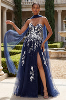Load image into Gallery viewer, Long Neck Scarf A Line Floral Glitter Navy Prom Dress with Slit