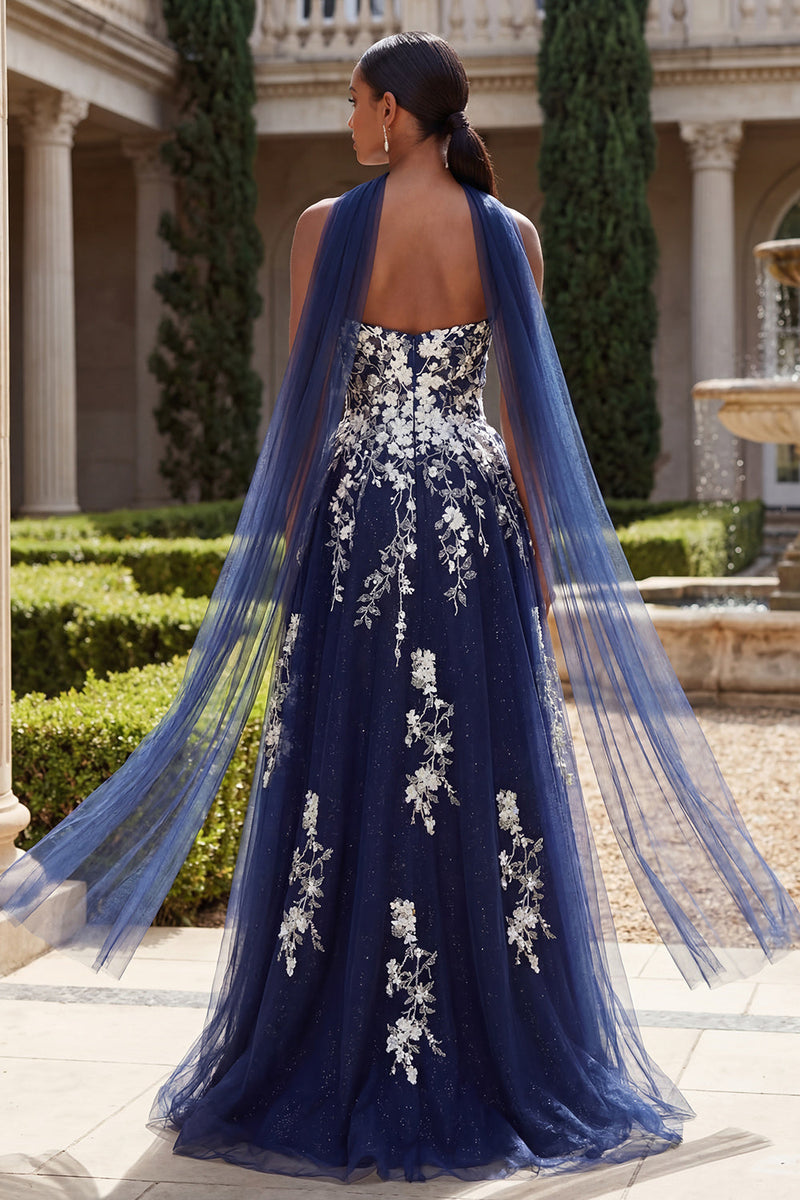 Load image into Gallery viewer, Long Neck Scarf A Line Floral Glitter Navy Prom Dress with Slit