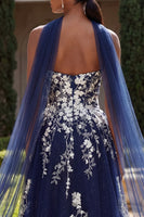 Load image into Gallery viewer, Long Neck Scarf A Line Floral Glitter Navy Prom Dress with Slit