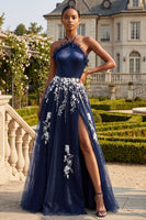 Load image into Gallery viewer, Halter A Line Floral Ruffled Navy Glitter Long Prom Dress with Slit