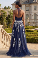 Load image into Gallery viewer, Halter A Line Floral Ruffled Navy Glitter Long Prom Dress with Slit