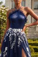 Load image into Gallery viewer, Halter A Line Floral Ruffled Navy Glitter Long Prom Dress with Slit