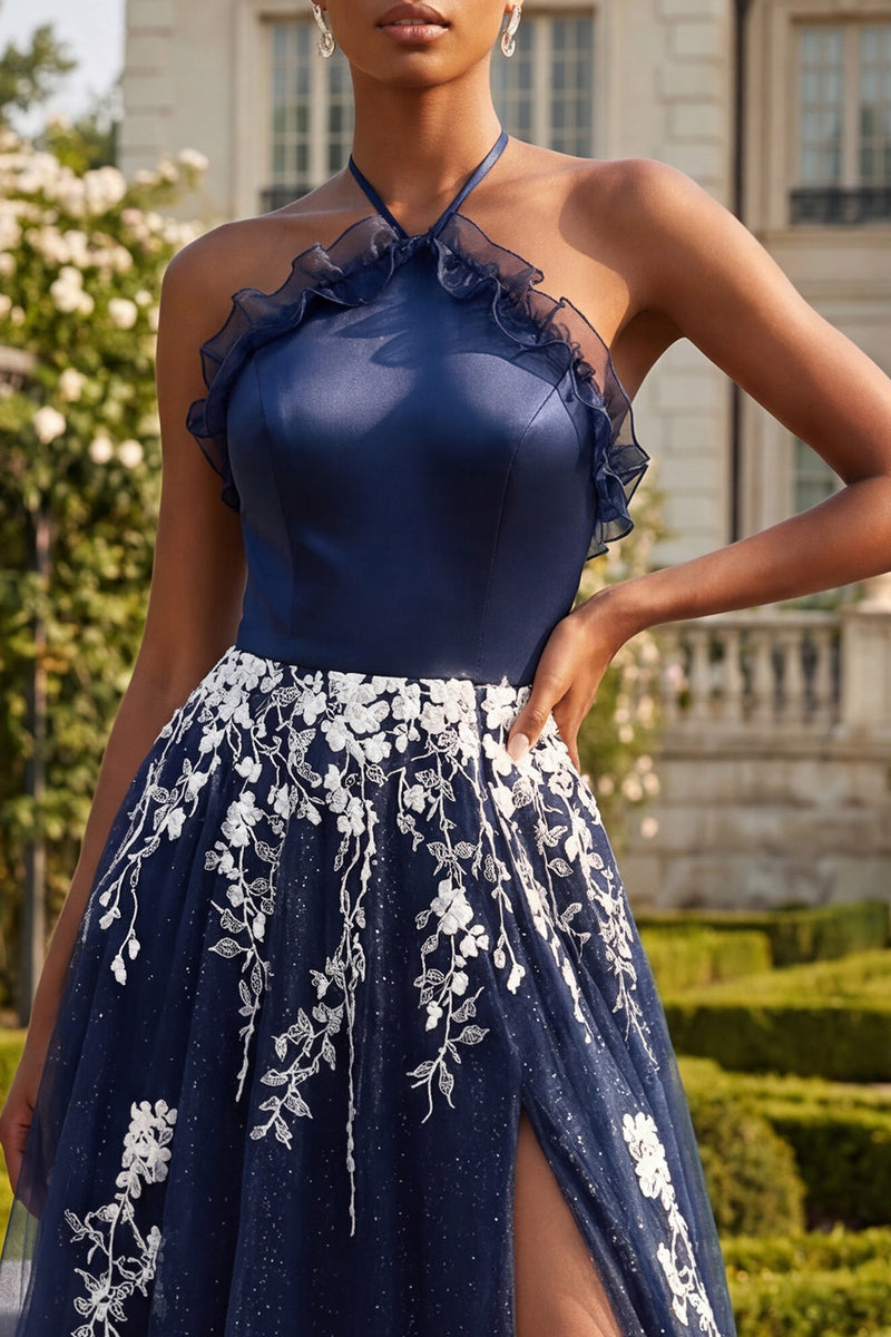 Load image into Gallery viewer, Halter A Line Floral Ruffled Navy Glitter Long Prom Dress with Slit