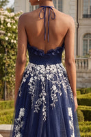Load image into Gallery viewer, Halter A Line Floral Ruffled Navy Glitter Long Prom Dress with Slit