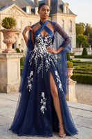 Load image into Gallery viewer, Floral Halter A Line Glitter Navy Long Prom Dress with Shawl