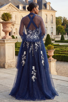 Load image into Gallery viewer, Floral Halter A Line Glitter Navy Long Prom Dress with Shawl
