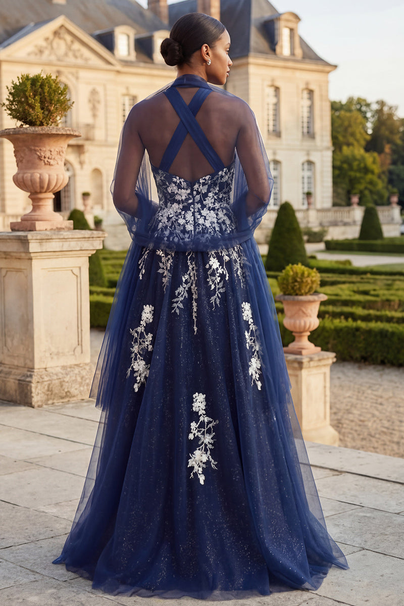 Load image into Gallery viewer, Floral Halter A Line Glitter Navy Long Prom Dress with Shawl