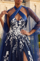 Load image into Gallery viewer, Floral Halter A Line Glitter Navy Long Prom Dress with Shawl