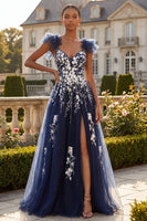 Load image into Gallery viewer, A Line V-Neck Floral Navy Ruffled Glitter Long Prom Dress with Slit