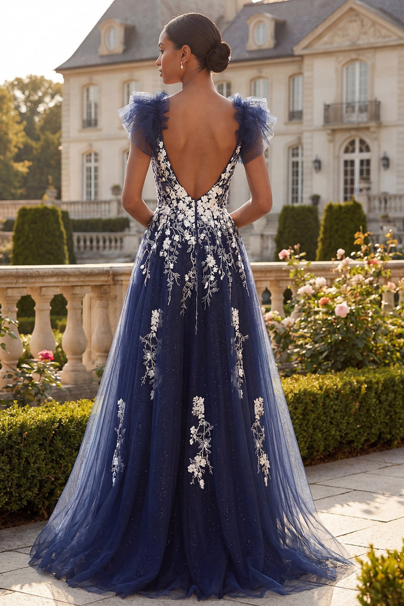 Load image into Gallery viewer, A Line V-Neck Floral Navy Ruffled Glitter Long Prom Dress with Slit