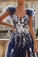 Load image into Gallery viewer, A Line V-Neck Floral Navy Ruffled Glitter Long Prom Dress with Slit