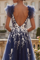 Load image into Gallery viewer, A Line V-Neck Floral Navy Ruffled Glitter Long Prom Dress with Slit