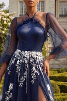 Load image into Gallery viewer, 3/4 Sleeves A Line Ruffled Floral Navy Glitter Long Prom Dress with Slit