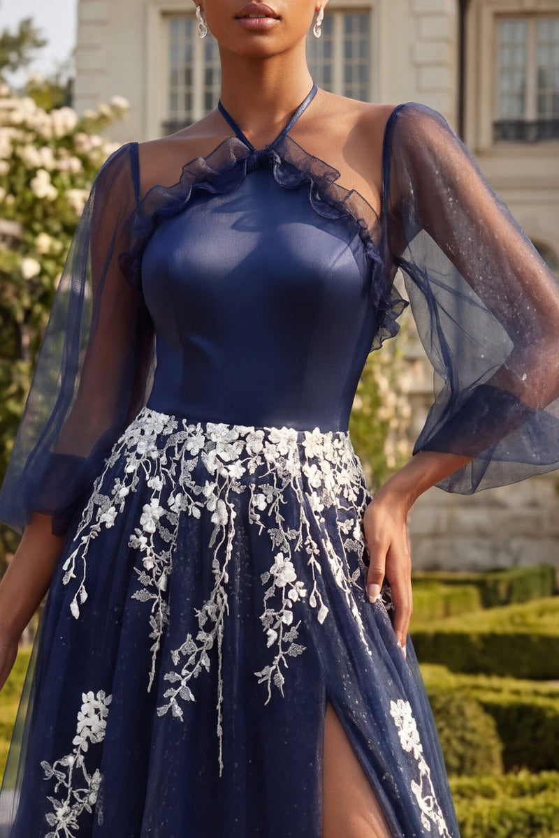 Load image into Gallery viewer, 3/4 Sleeves A Line Ruffled Floral Navy Glitter Long Prom Dress with Slit
