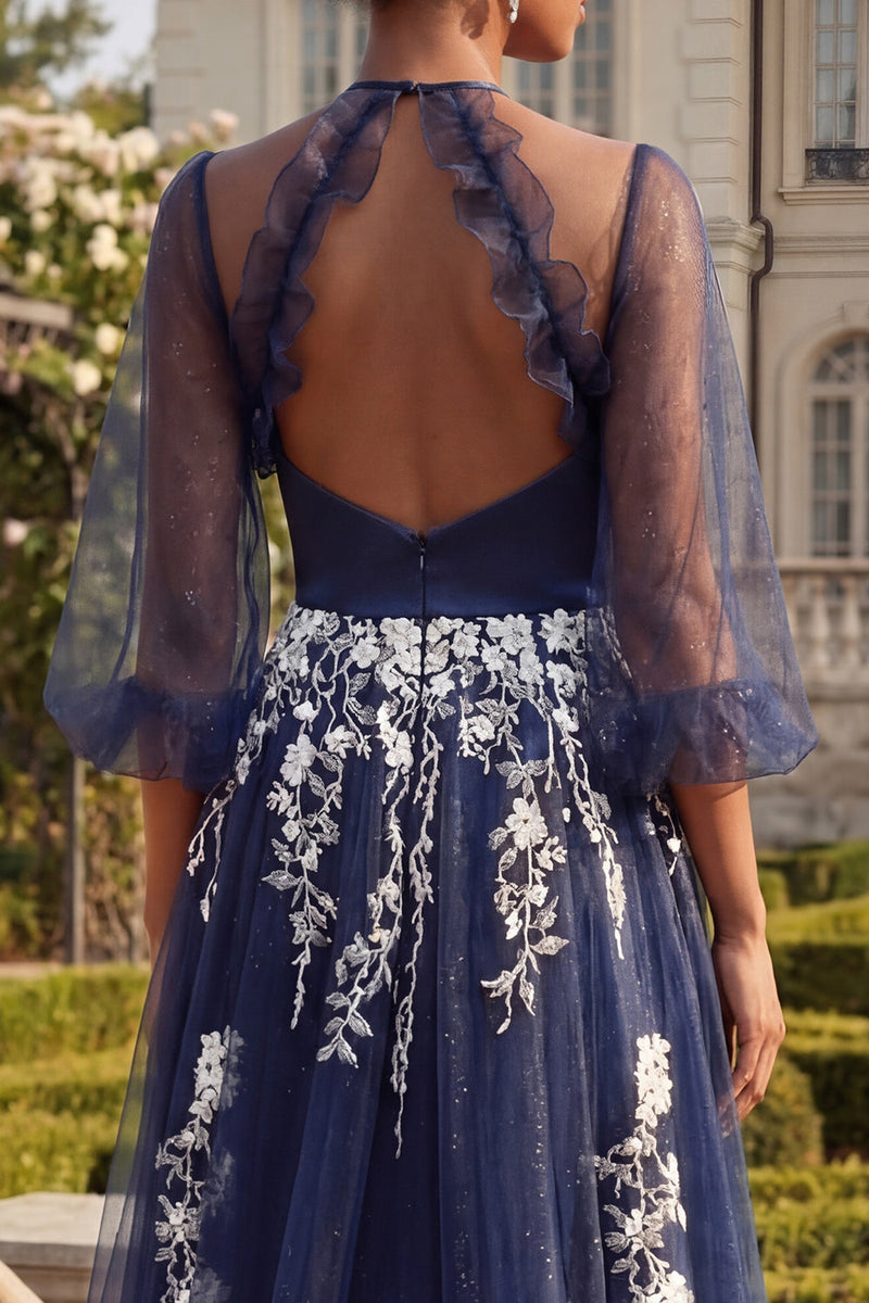 Load image into Gallery viewer, 3/4 Sleeves A Line Ruffled Floral Navy Glitter Long Prom Dress with Slit